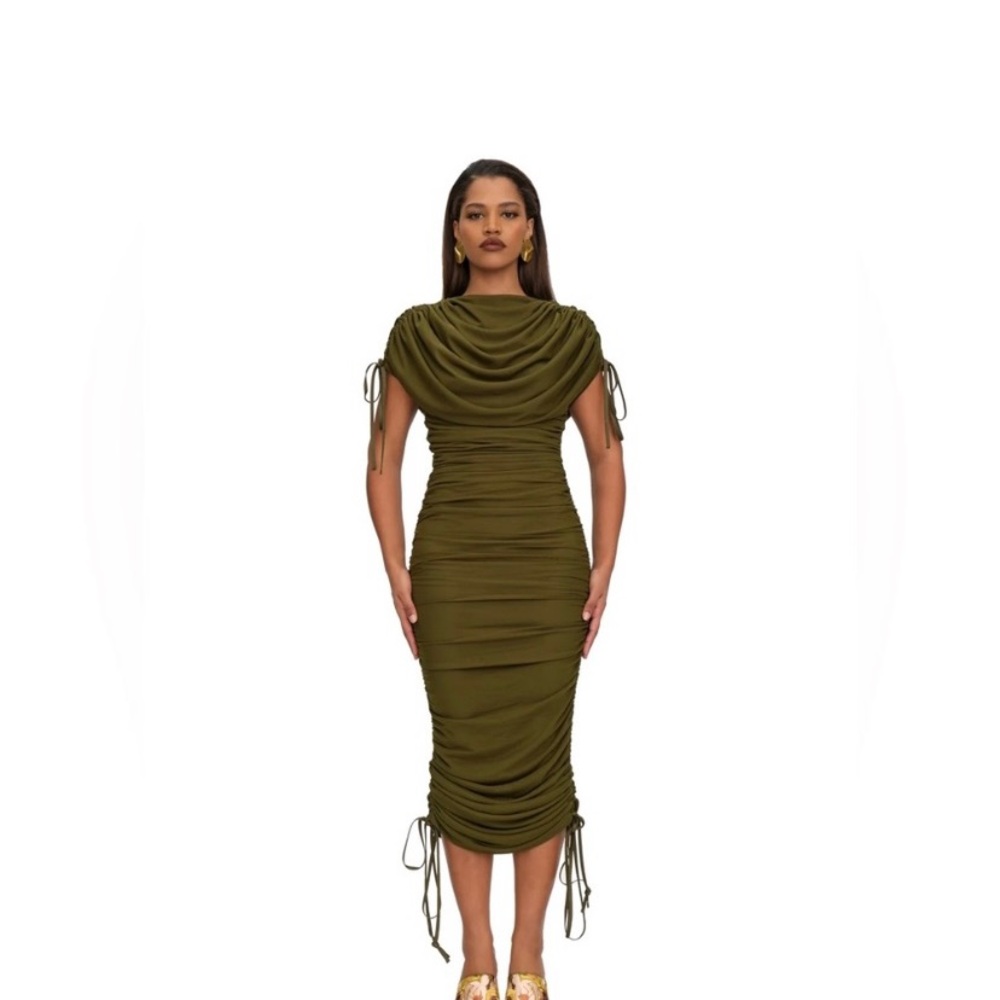 Andrea Iyamah Ratu Olive Mesh Green Ruched Midi Dress